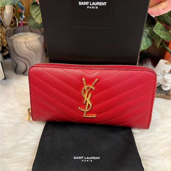 YSL Red Leather Zip Around Long Wallet Authentic - Picture 2 of 16